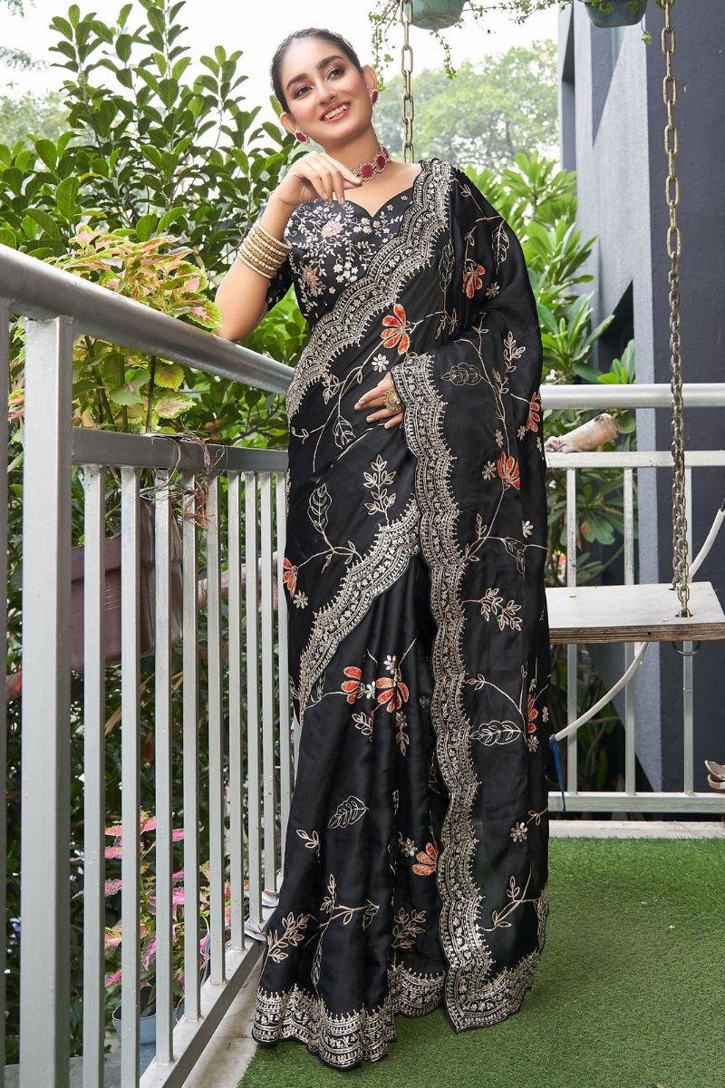 Black Tussar Heavy Handwork Embroidery Saree