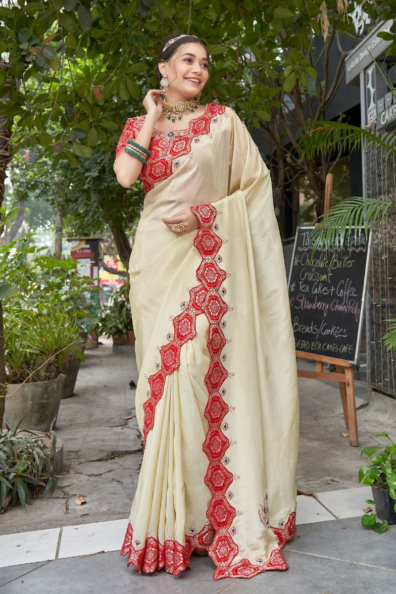 Chiku and Red Tissue Embroidery Saree