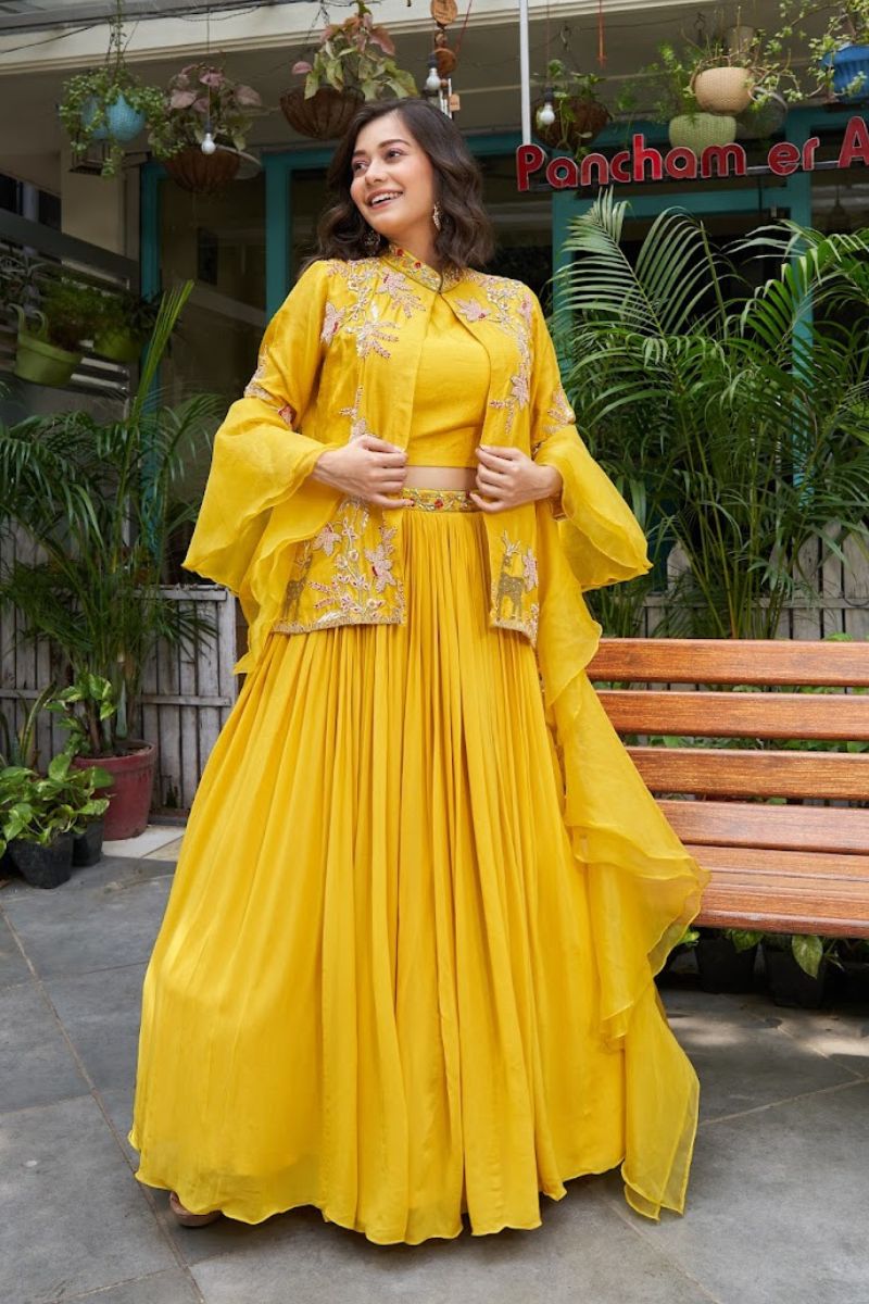 Yellow Georgette Heavy Hand Work Lehenga