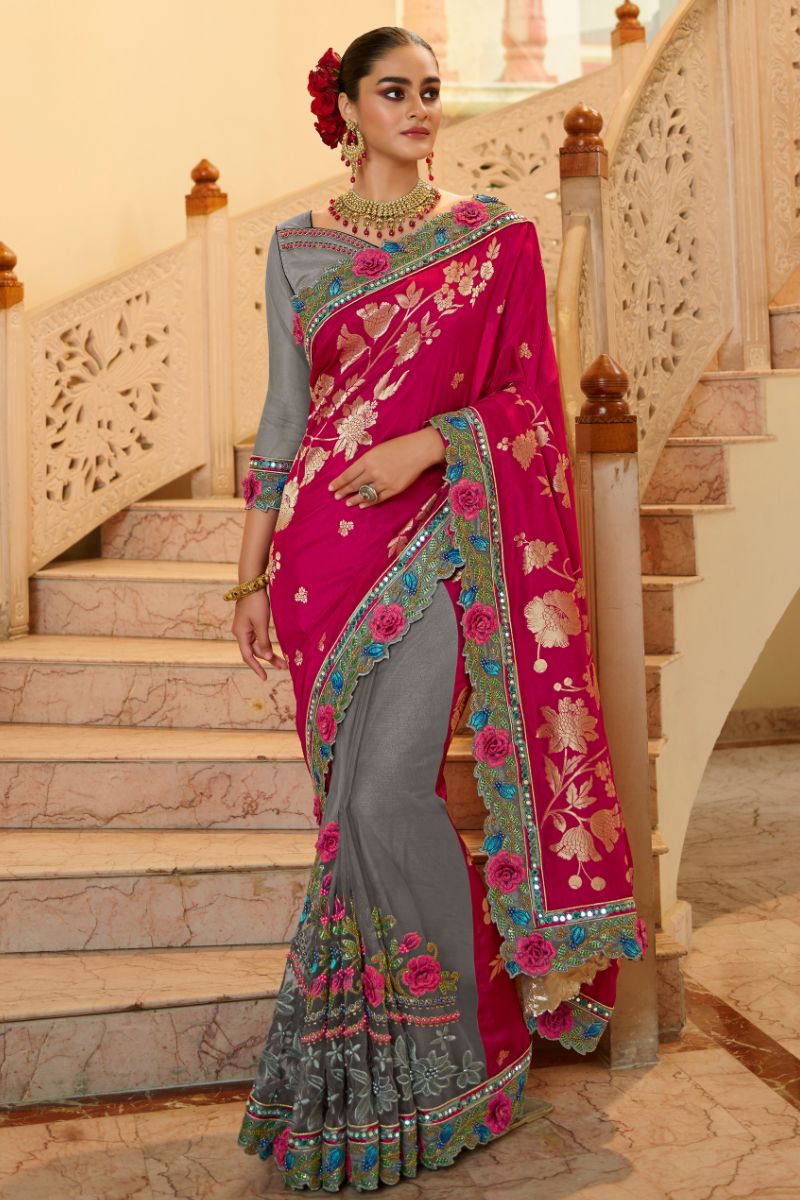 Grey & Pink Color Silk & Net Partywear Saree