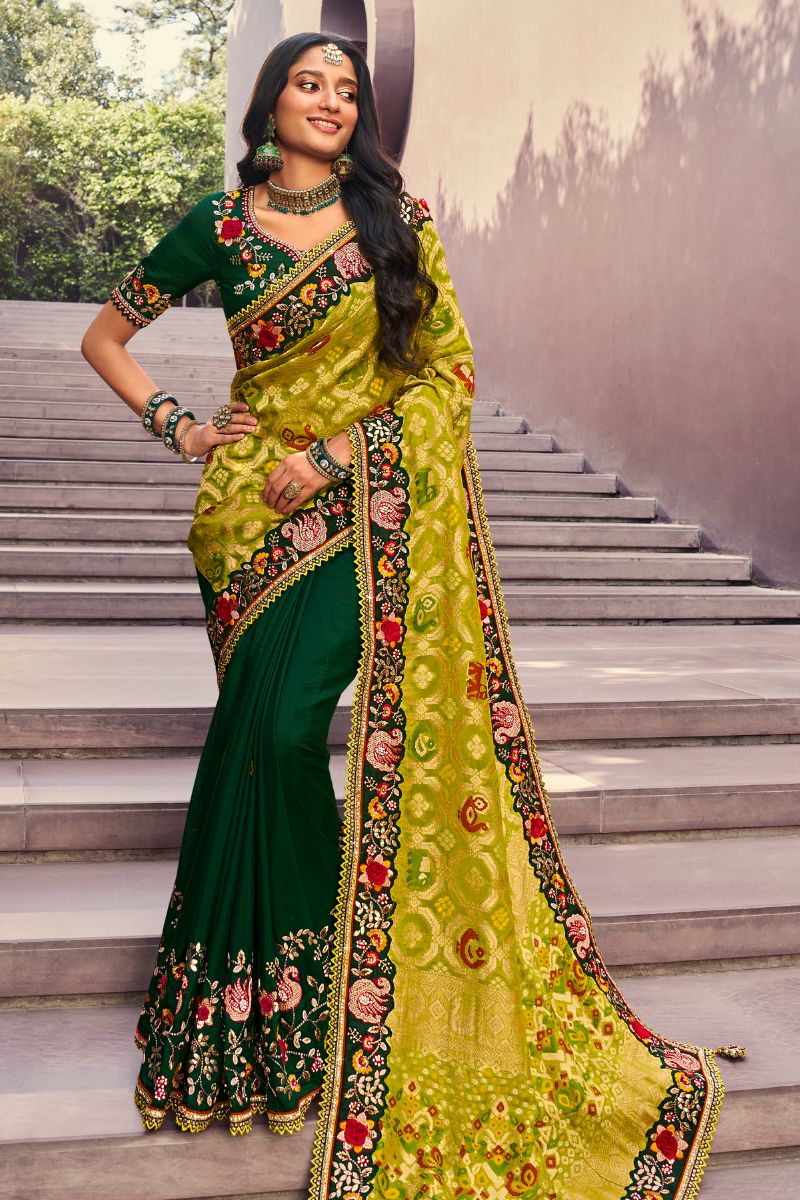 Yellow & Green Color Pure Silk Partywear Saree