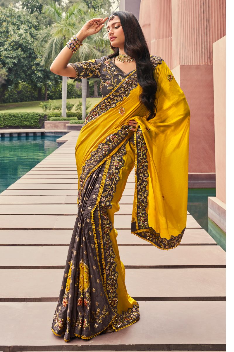 Yellow Color Pure Silk Partywear Saree