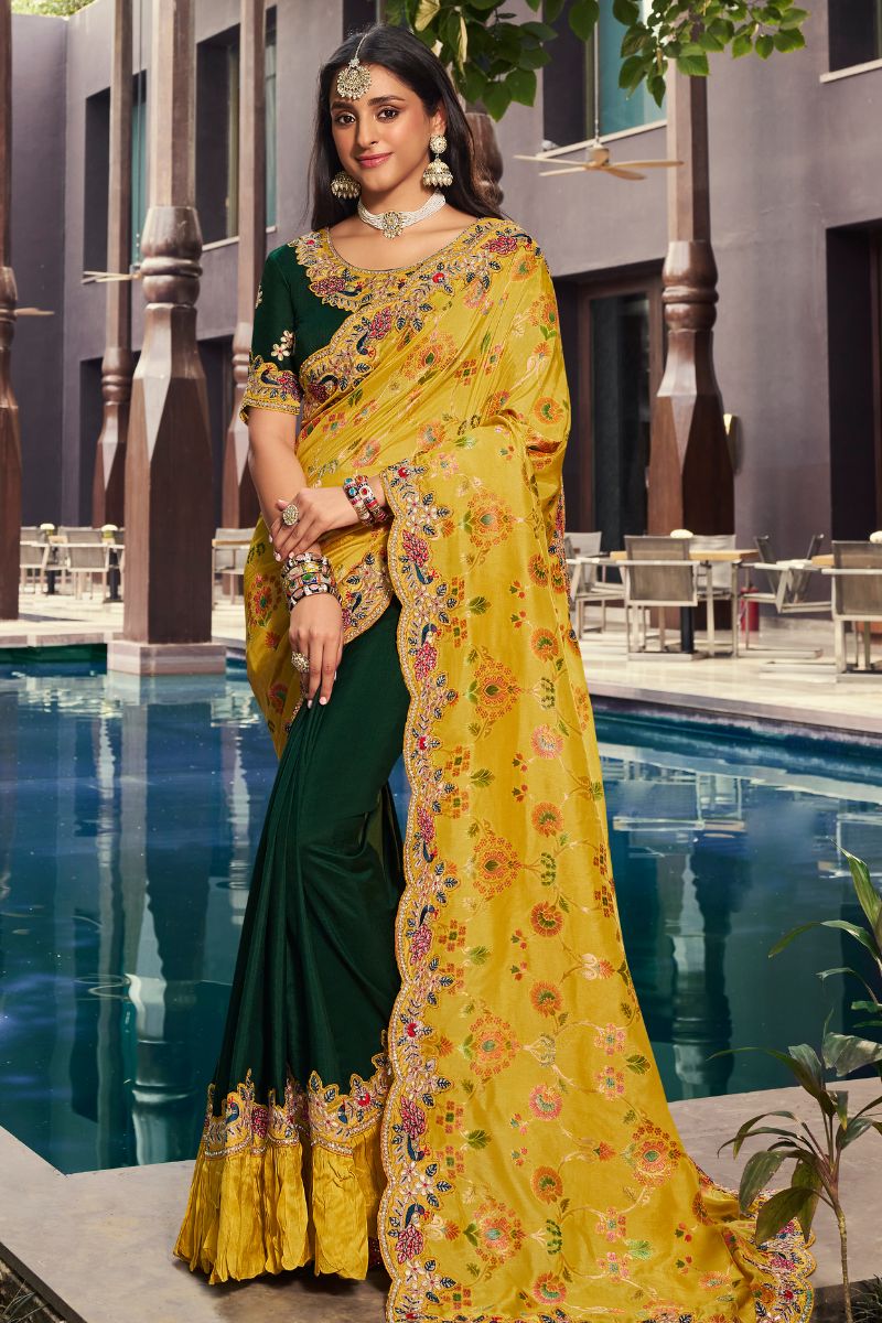 Green & Yellow Color Pure Silk Partywear Saree