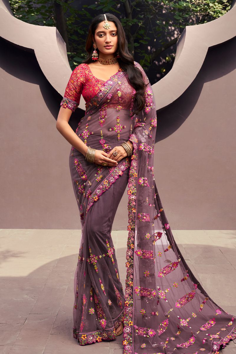 Pink Color Net Embroidery Partywear Saree