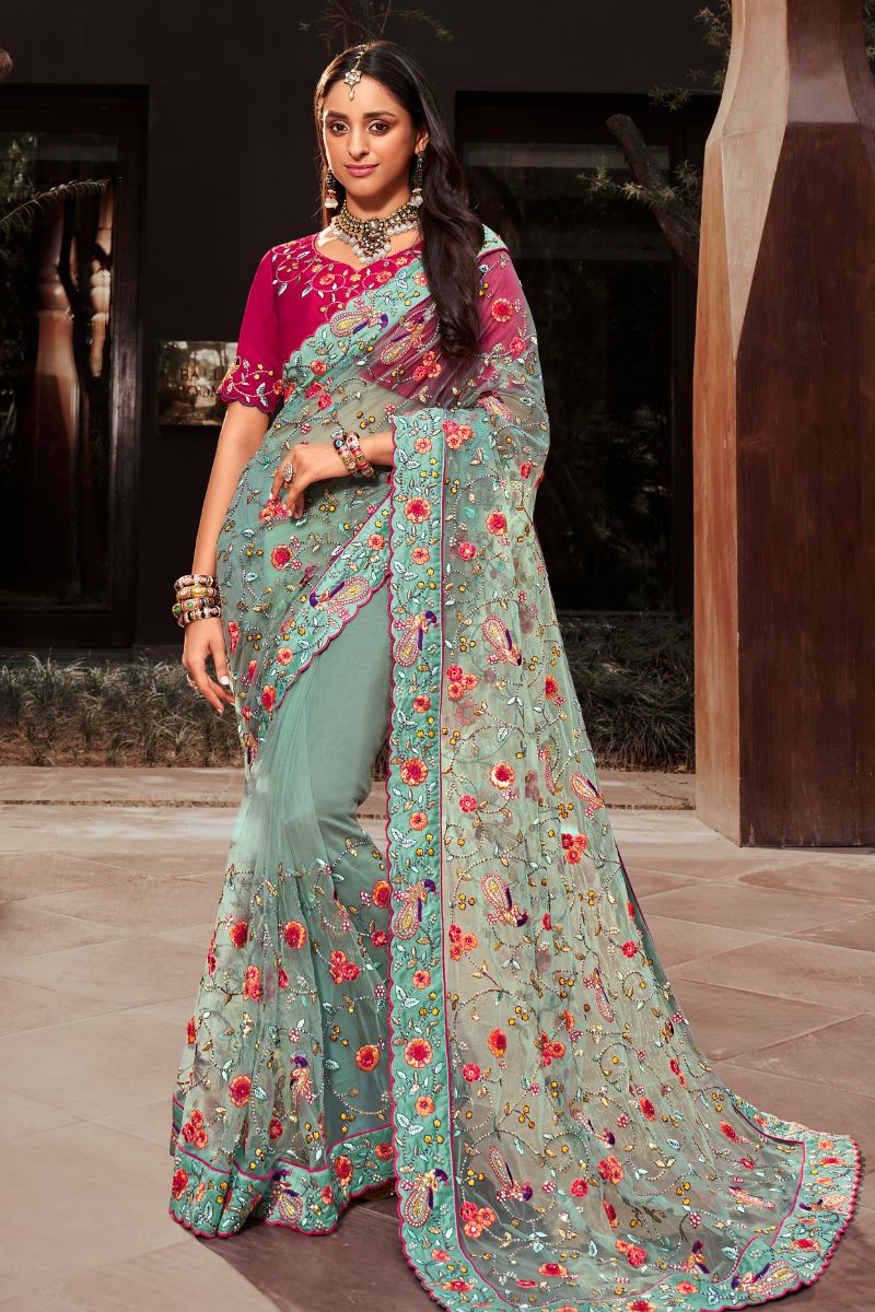 Pink Color Net Embroidery Partywear Saree