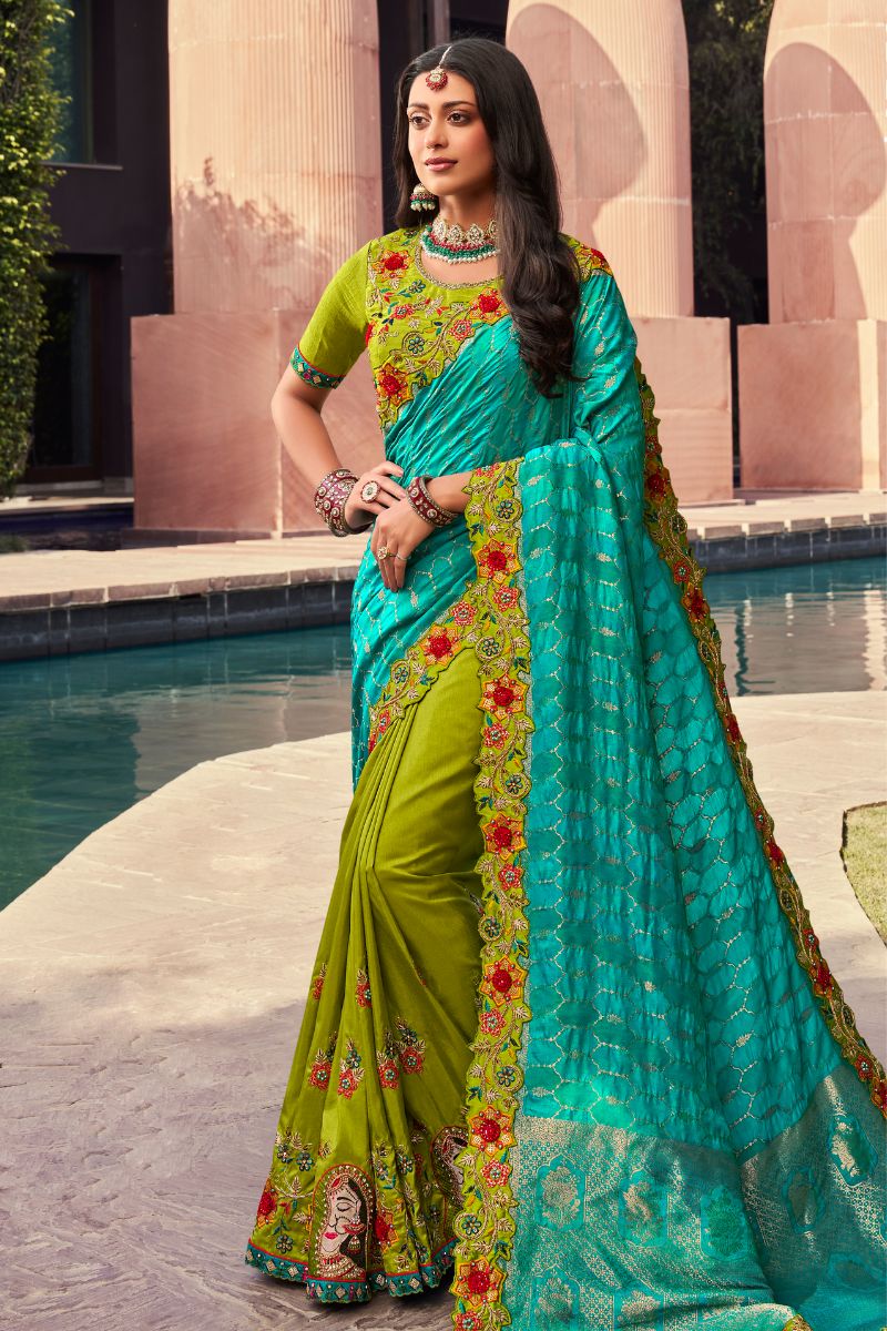 Turquoise Color Pure Silk Embroidery Partywear Saree