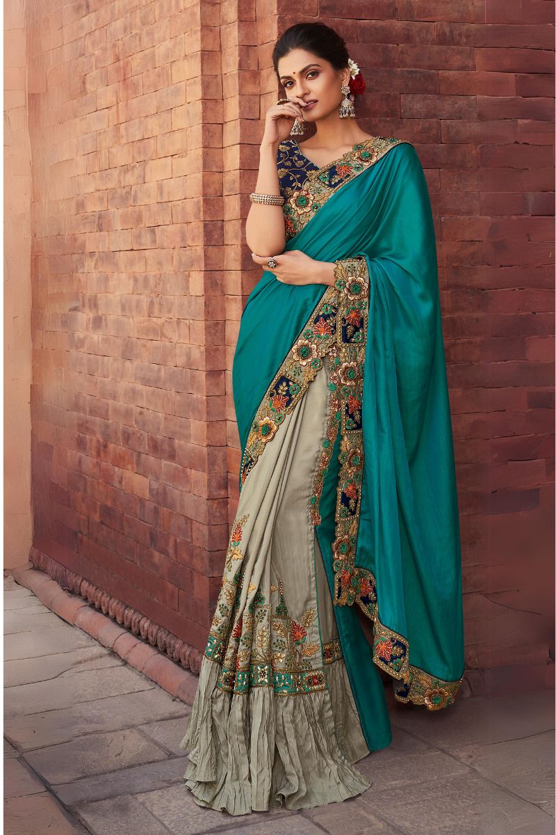 Turquoise Blue Color Silk Embroidery Partywear Saree