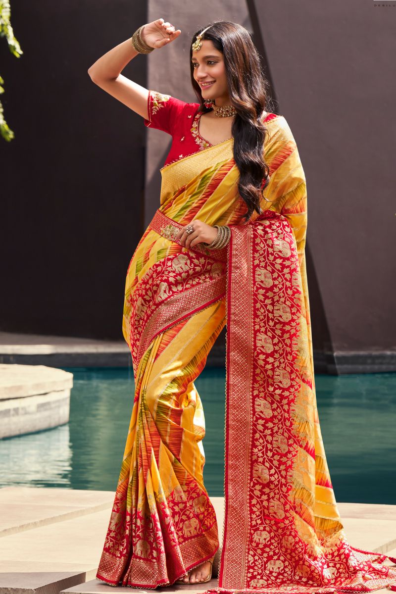 Red Yellow Pure Silk Embroidery Partywear Saree