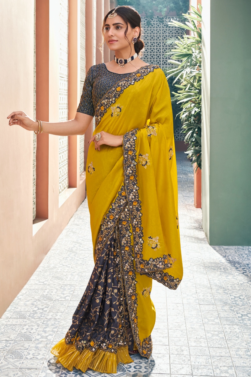 Grey & Yellow Color Pure Silk Emboridery Party Wear Saree