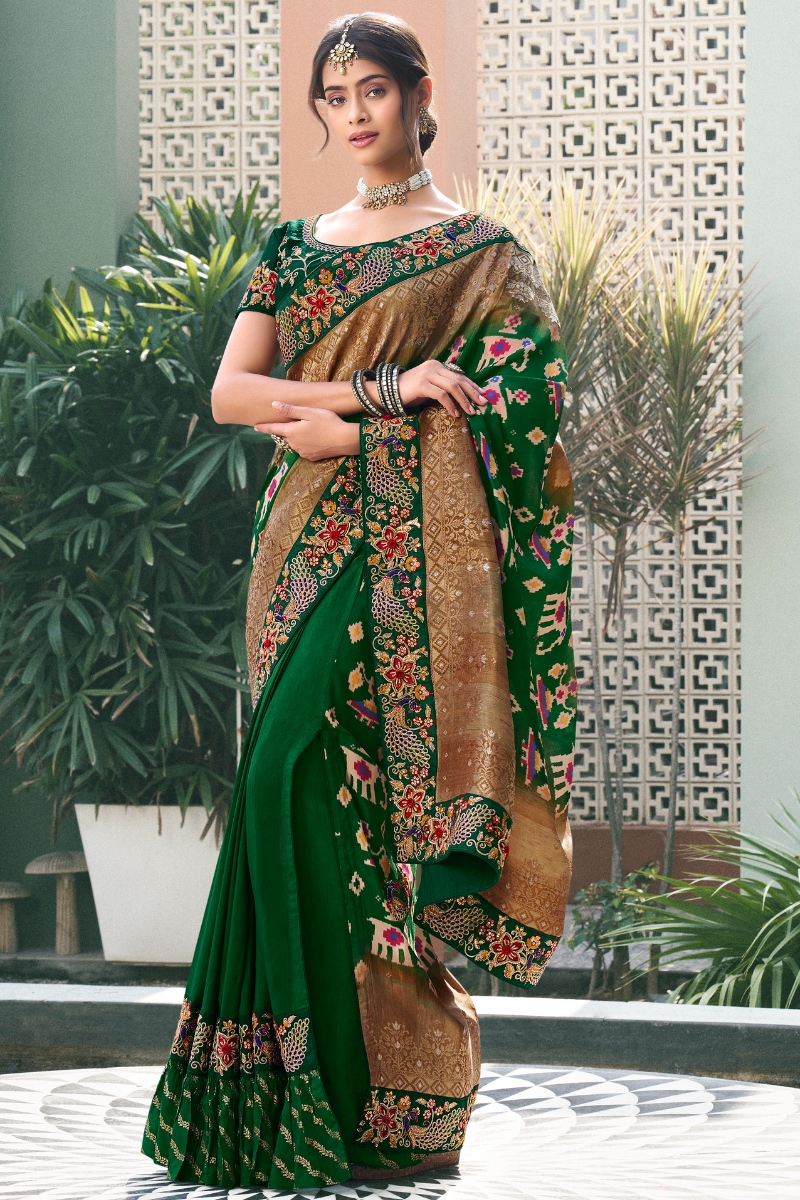 Green Color Pure Silk Emboridery Party Wear Saree