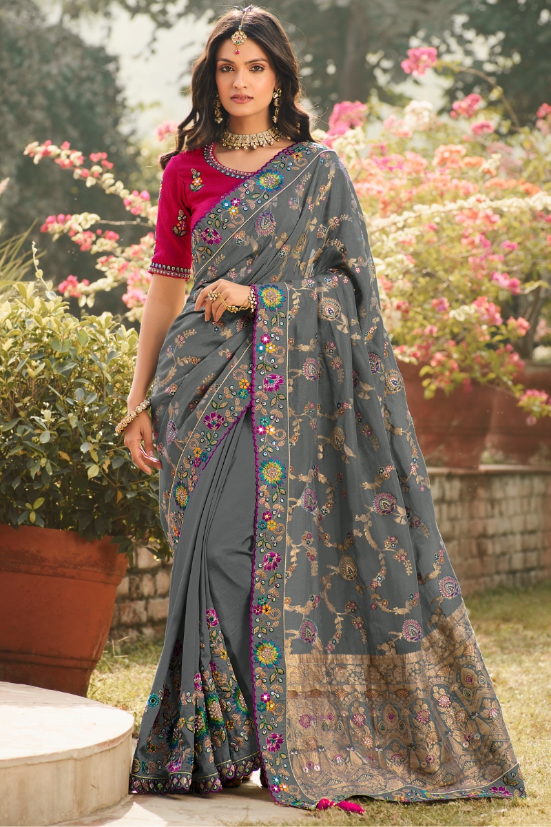 Grey & Pink Color Pure Silk Embroidery Partywear Saree