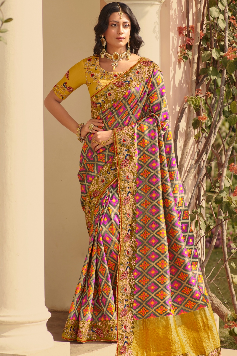 Yellow Color Pure Silk Embroidery Partywear Saree