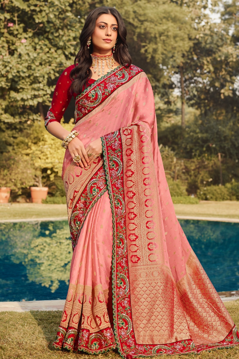 Red & Pink Color Pure Silk Embroidery Partywear Saree