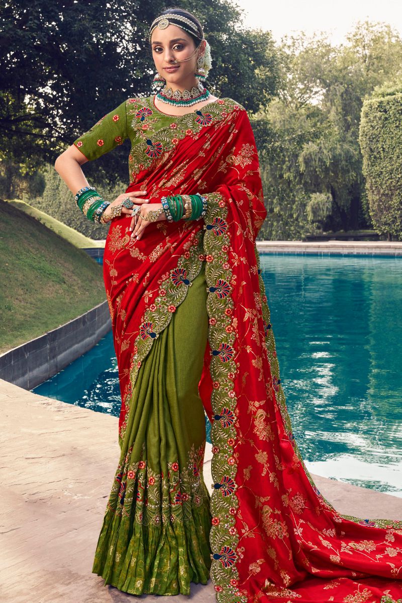 Red & Green Color Pure Silk Heavy Work Saree