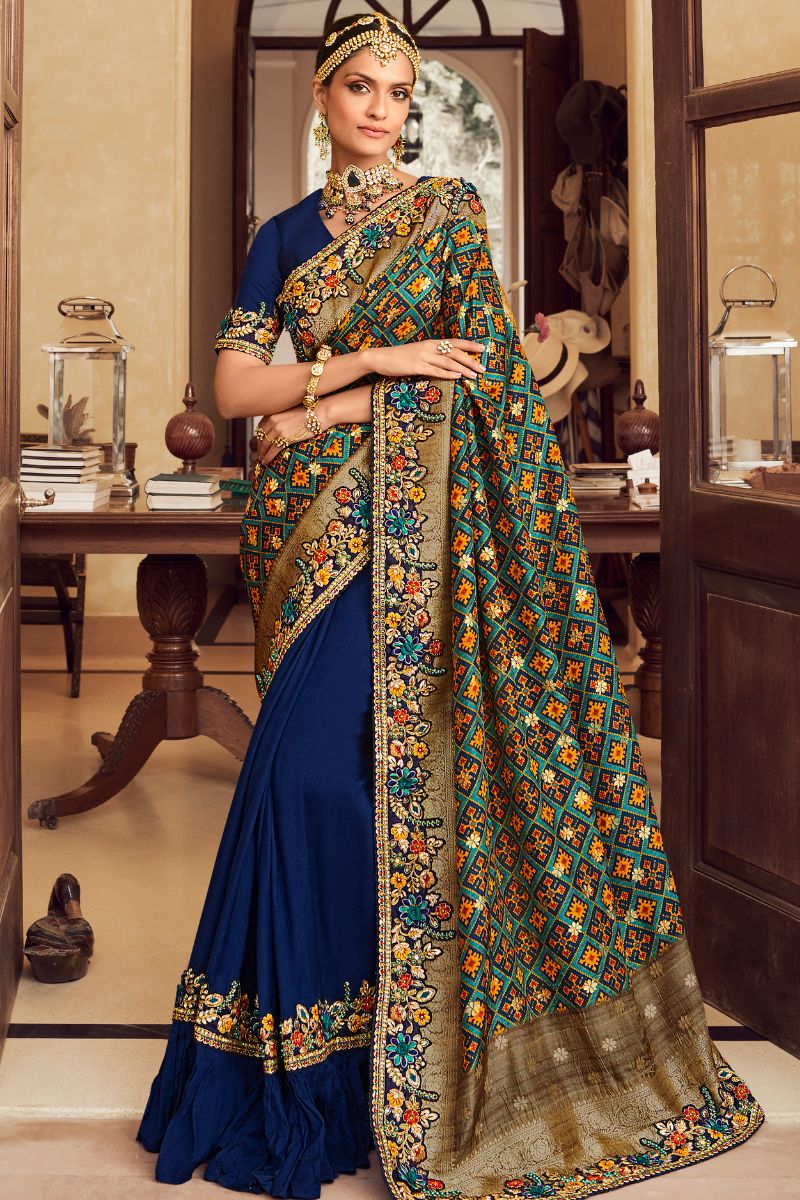 Blue Color Pure Silk Heavy Embroidery Partywear Saree