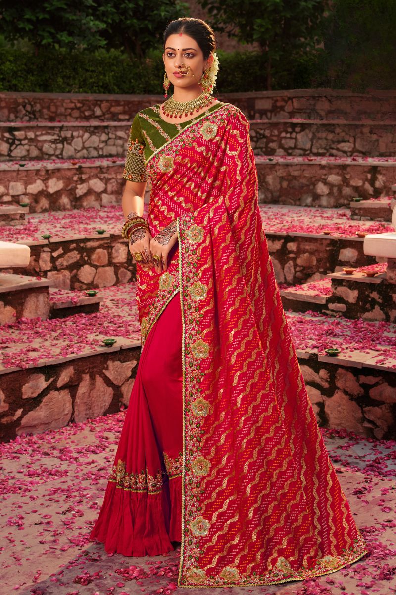 Pink & Green Pure Silk Embroidery Heavy Partywear Saree