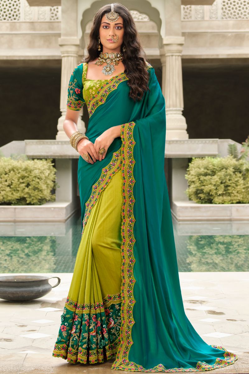 Green Silk Embroidery Heavy Partywear Saree