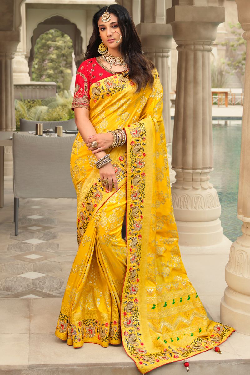 Red & Yellow Pure Silk Embroidery Heavy Partywear Saree