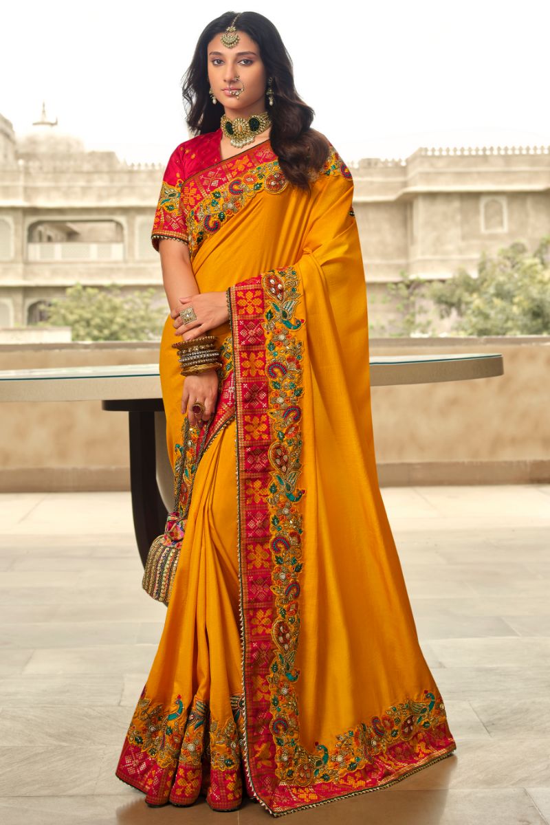 Yellow & Red Silk Embroidery Heavy Partywear Saree