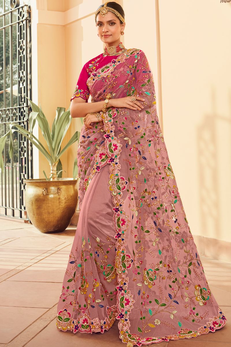 Pink Net Embroidery Heavy Partywear Saree