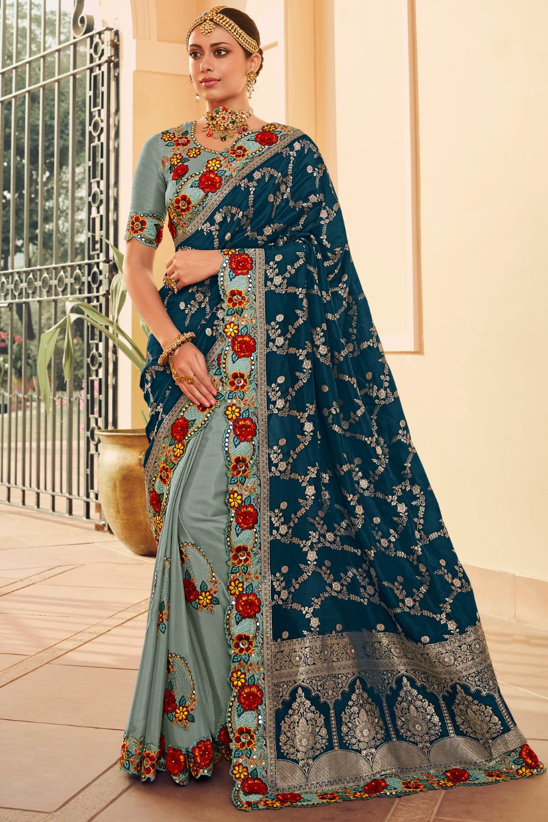 Blue Silk Embroidery Heavy Partywear Saree