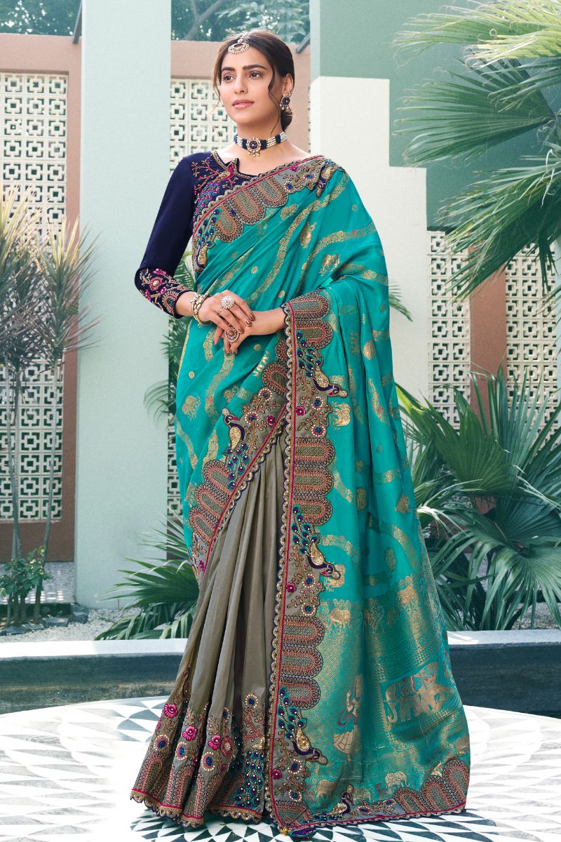 Blue Silk Embroidery Heavy Partywear Saree