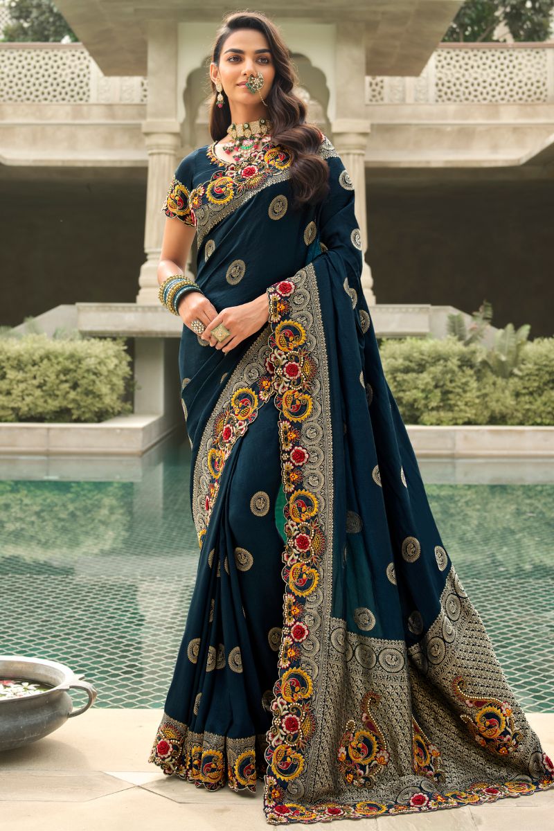 Blue Silk Embroidery Heavy Partywear Saree