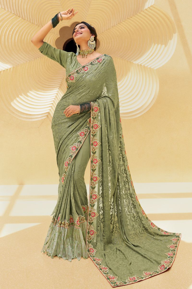 Green Color Pure Georgette Embroidery Partywear Heavy Saree