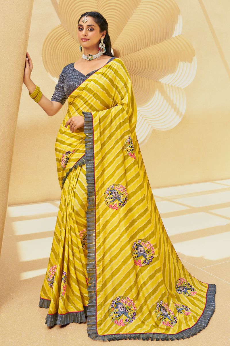 Grey & Yellow Color Pure Silk Embroidery Partywear Heavy Saree