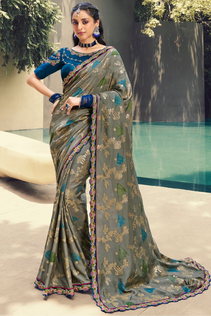 Blue Color Pure Silk Embroidery Partywear Heavy Saree