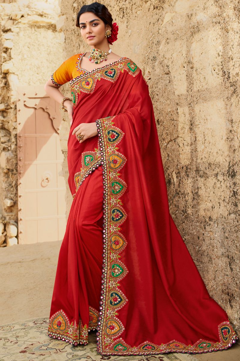 Red & Yellow Color silk Embroidery Partywear Heavy Saree