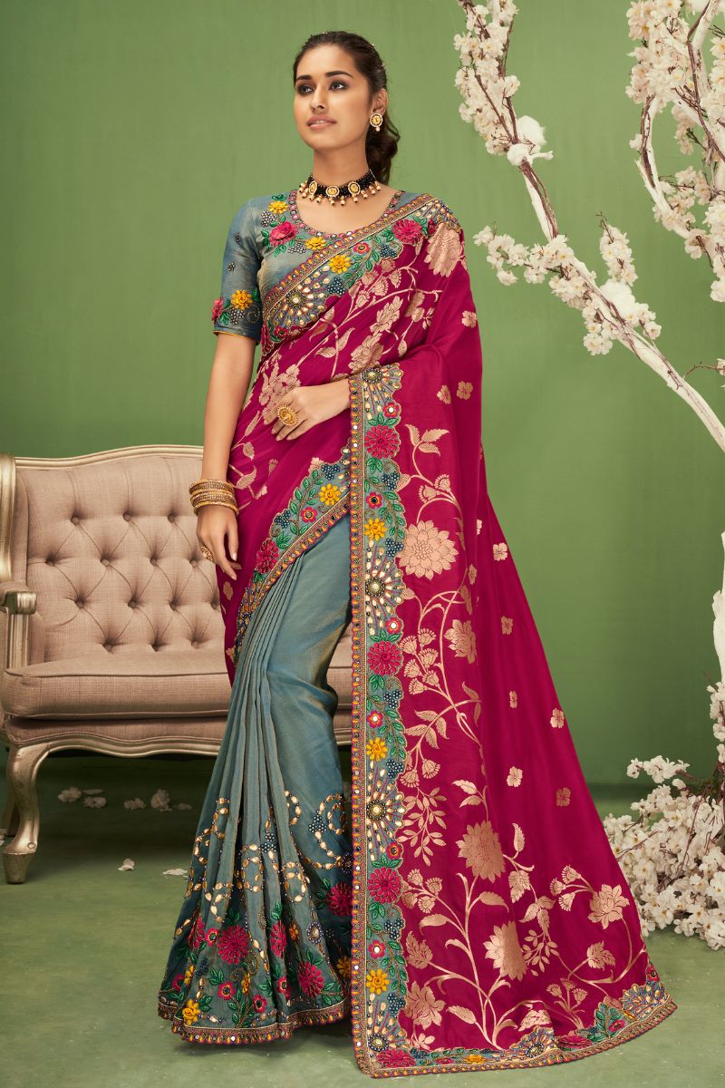 Pink & Grey Color Pure Silk Embroidery Partywear Heavy Saree