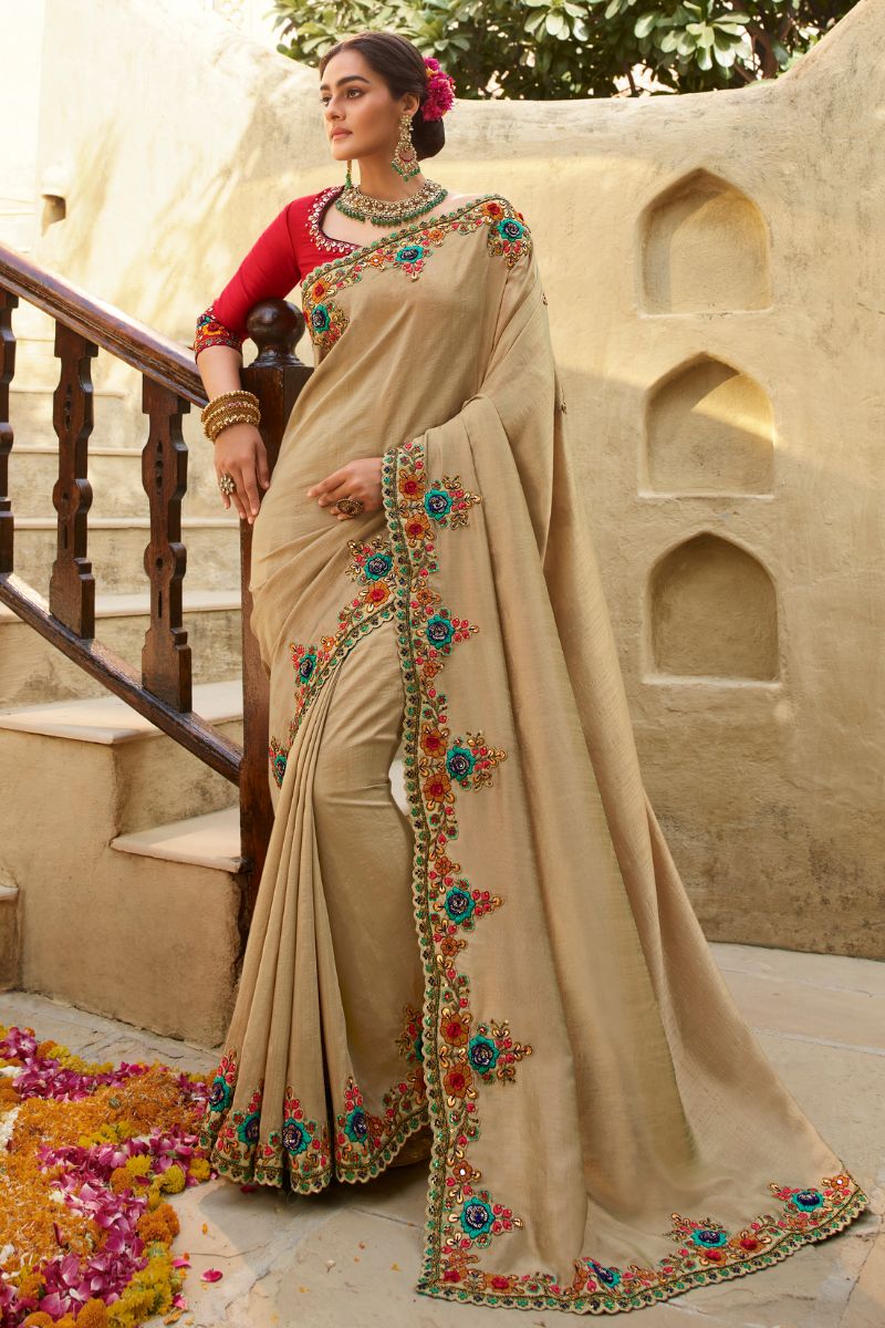 Red & Chiku Color silk Embroidery Partywear Heavy Saree