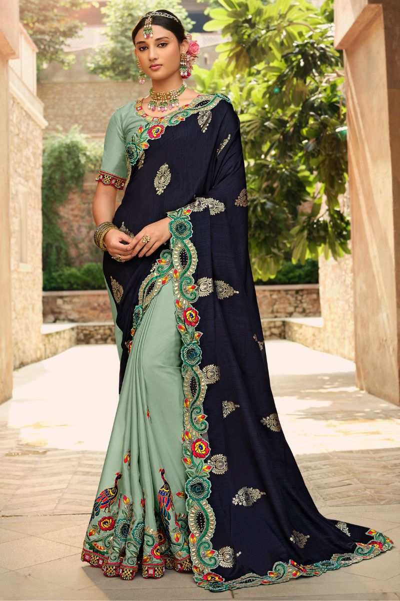 Green & Blue Color silk Embroidery Partywear Heavy Saree