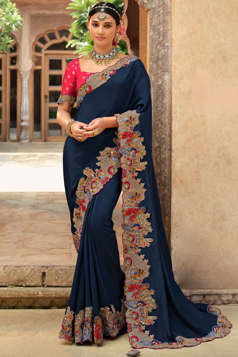 Pink & Blue Color crepe Embroidery Partywear Heavy Saree