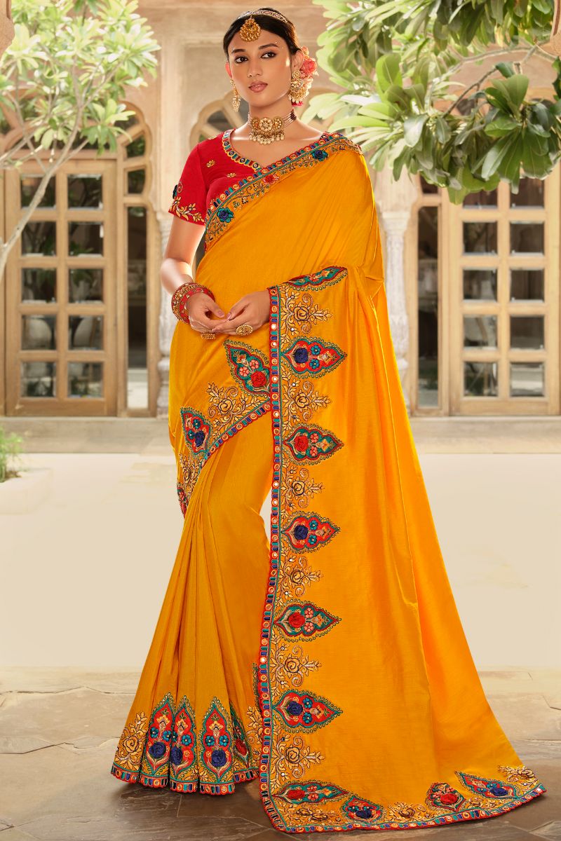 Red & Yellow Color Silk Embroidery Partywear Heavy Saree