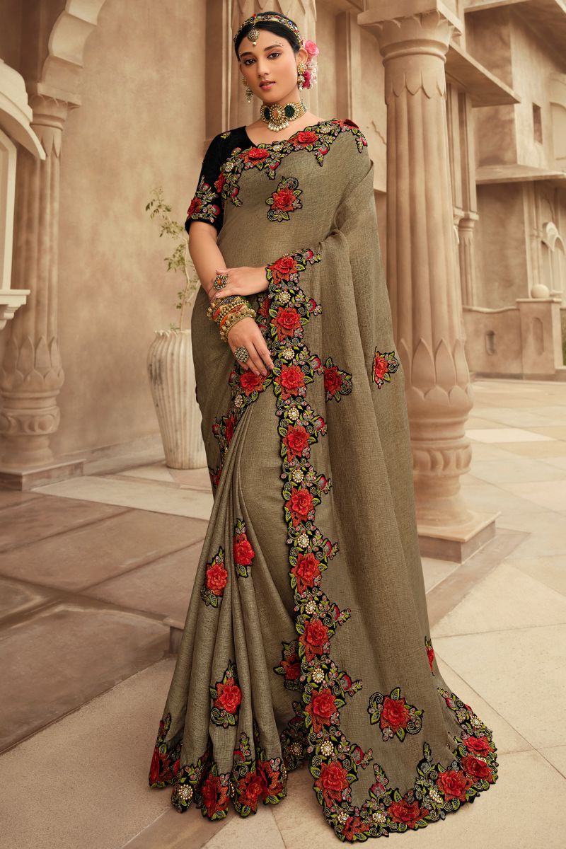 Olive & Black Color Jute Embroidery Partywear Heavy Saree