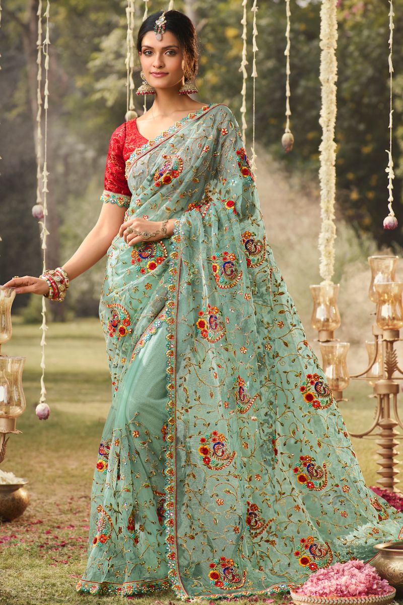 Pink & Green Color Net Embroidery Partywear Heavy Saree