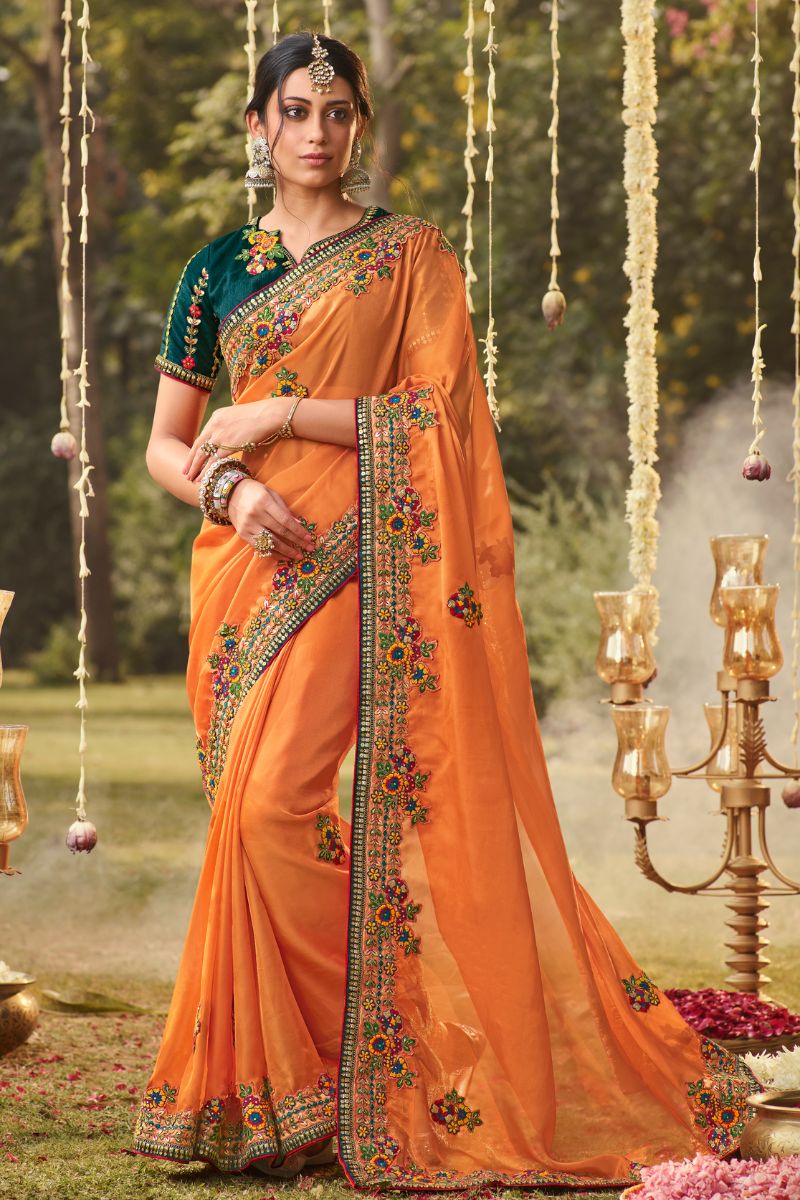 Green & Orange Color Organza Silk Embroidery Partywear Heavy Saree