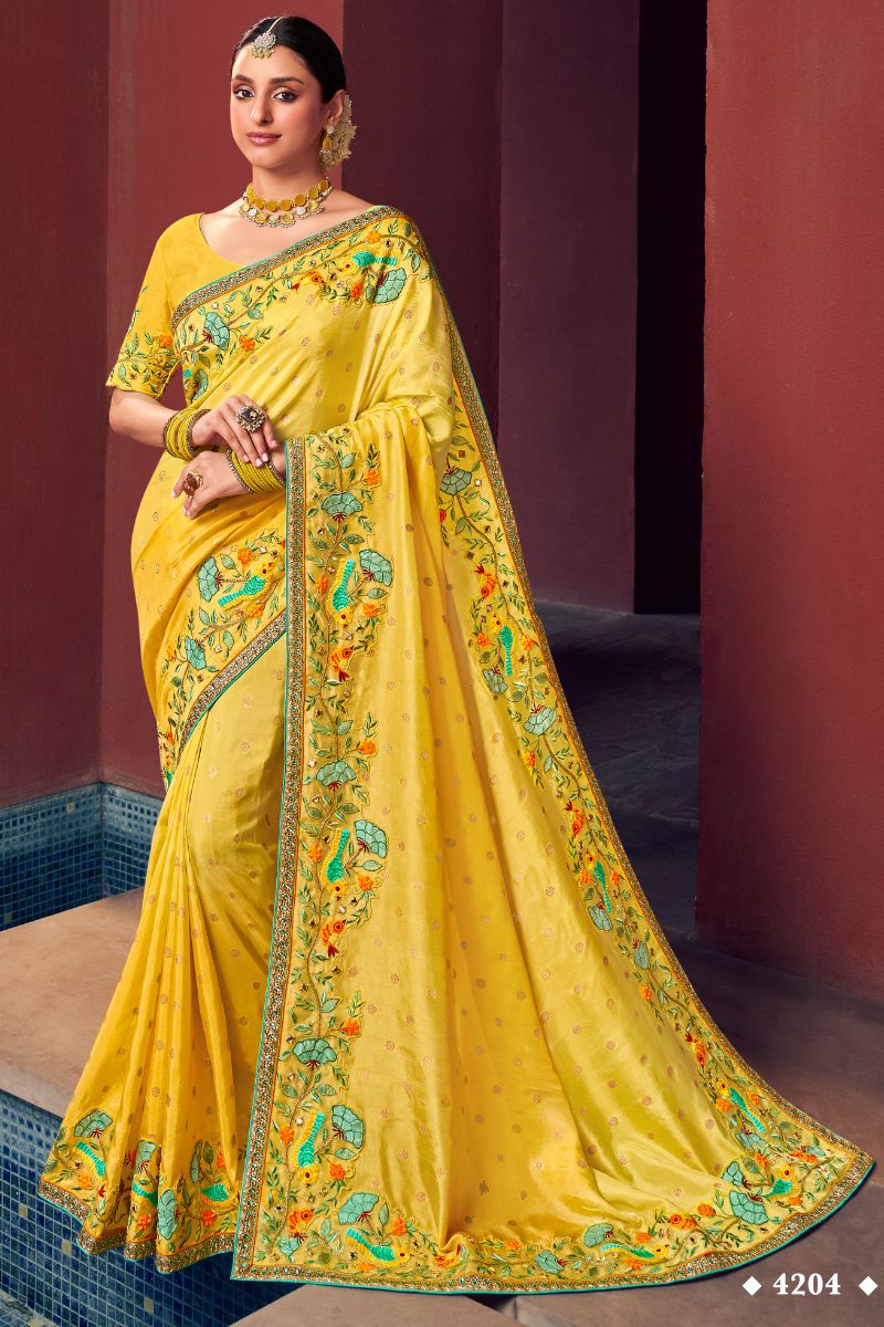 Yellow Color silk Embroidery Partywear Heavy Saree