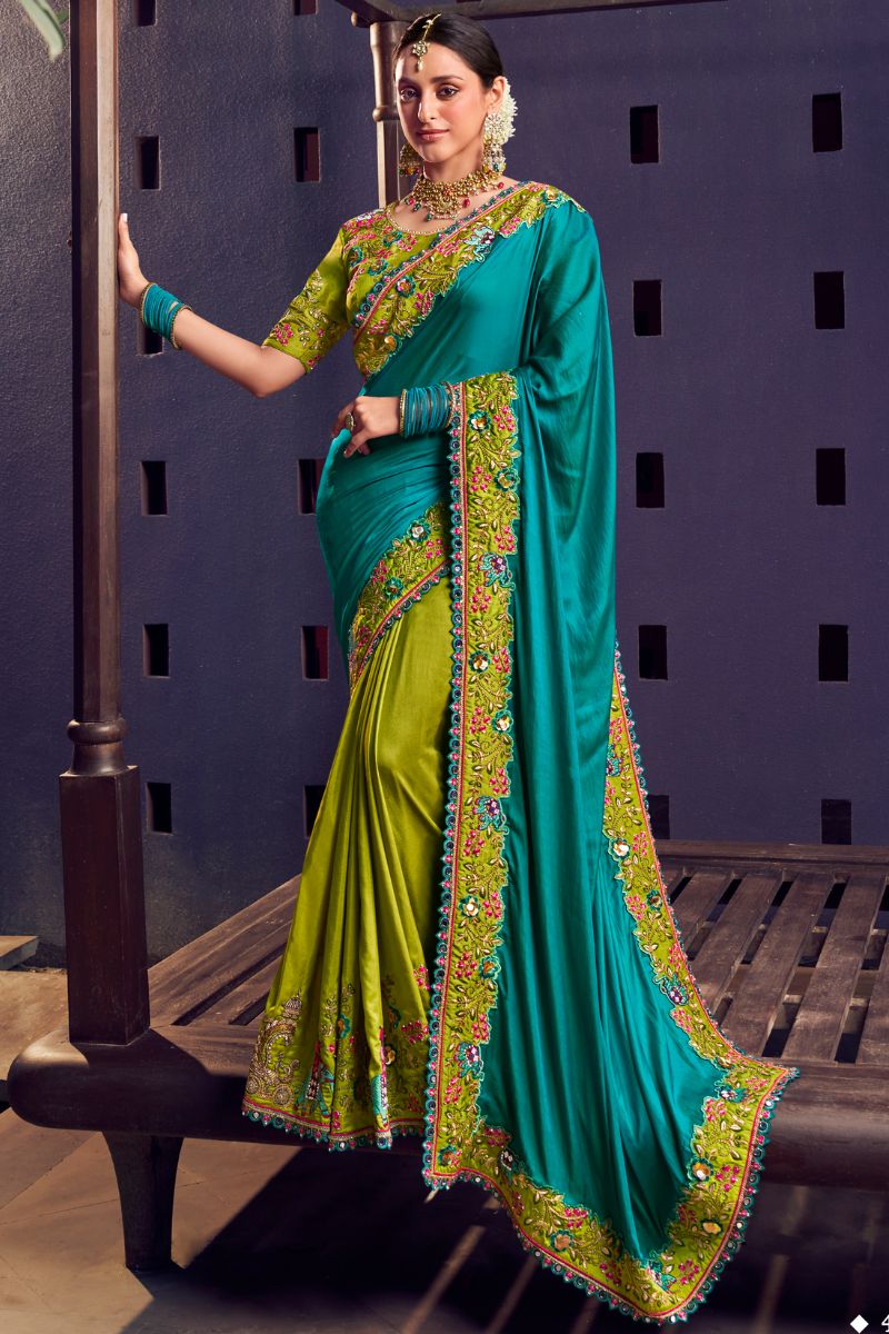 Green Color silk Embroidery Partywear Heavy Saree