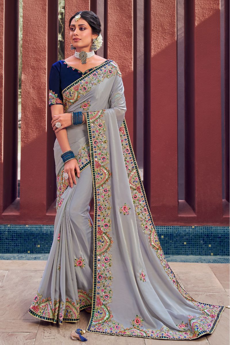 Blue & Grey Color silk Embroidery Partywear Heavy Saree