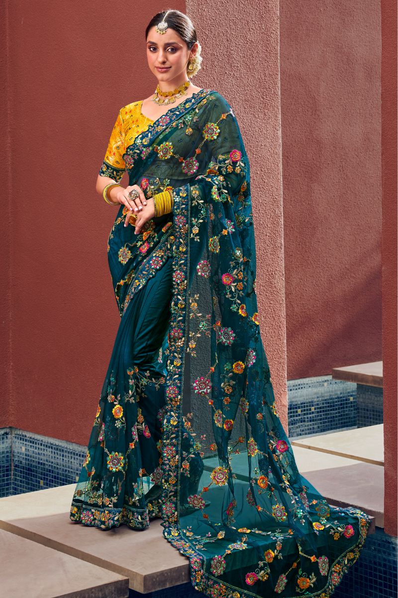 Blue & Yellow Color Net Embroidery Partywear Heavy Saree