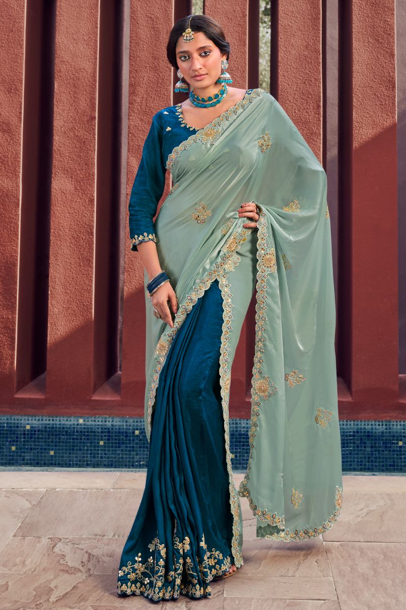 Blue Color silk Embroidery Partywear Heavy Saree