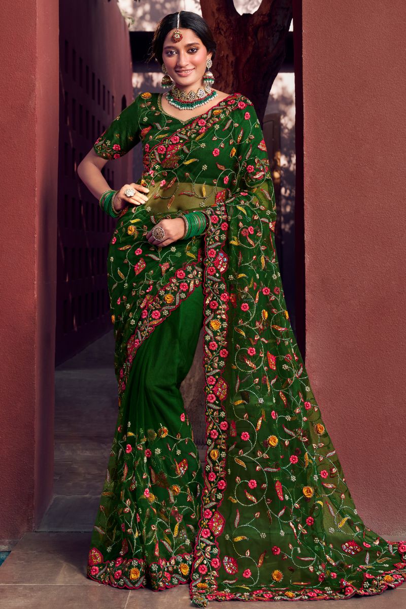 Green Color Net Embroidery Partywear Heavy Saree