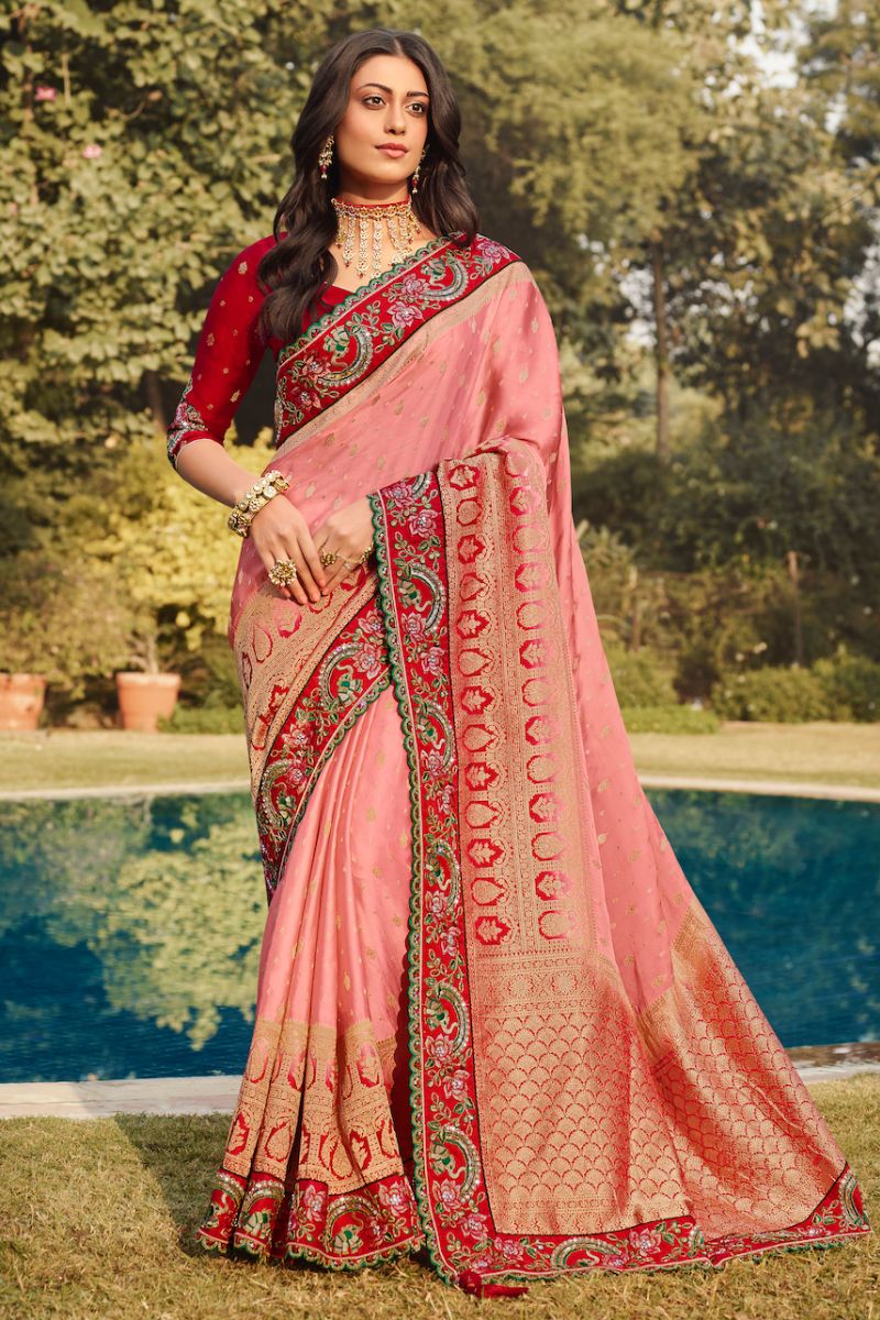 Red & Peach Color Pure Silk Embroidery Partywear Heavy Saree