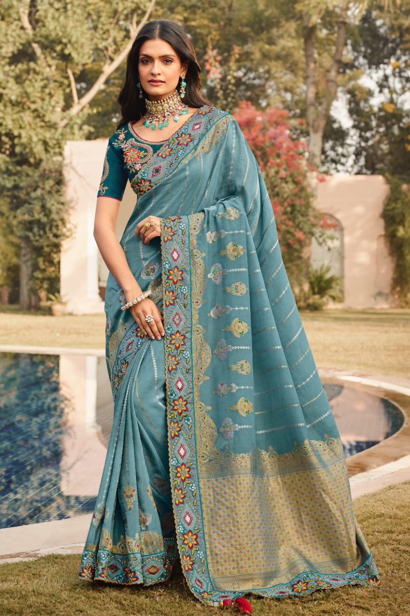 Ice Blue Color Pure Silk Embroidery Partywear Heavy Saree