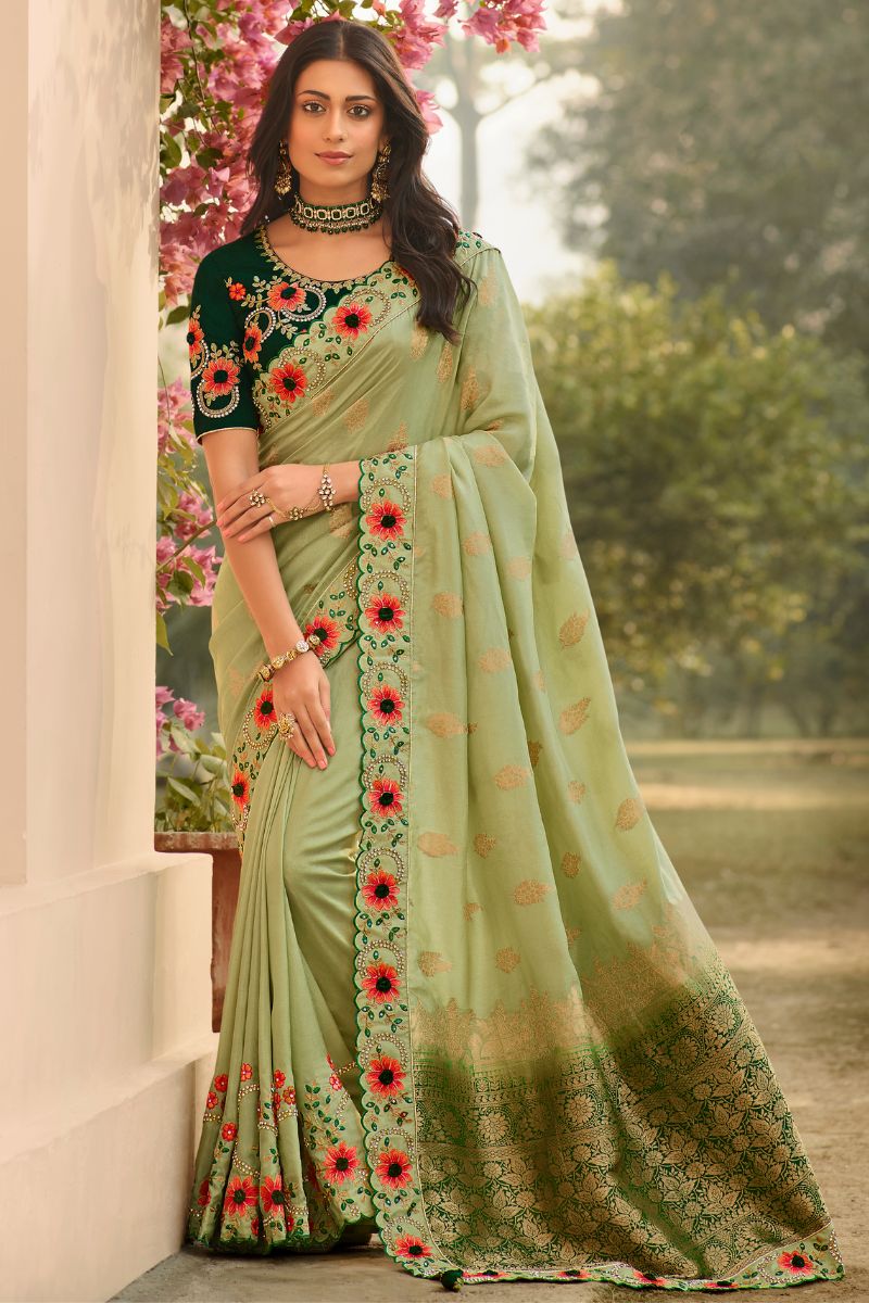 Green Color Pure Silk Embroidery Partywear Heavy Saree