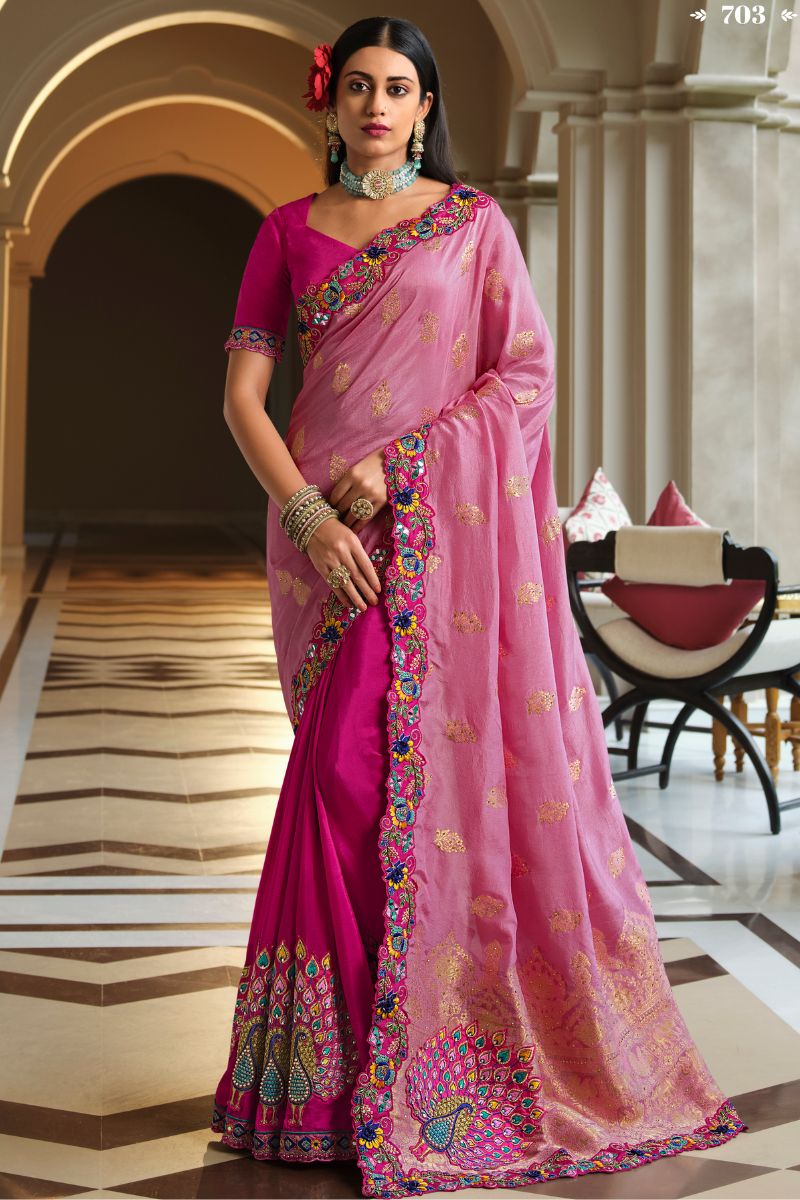 Pink Color Pure Silk Embroidery Partywear Heavy Saree