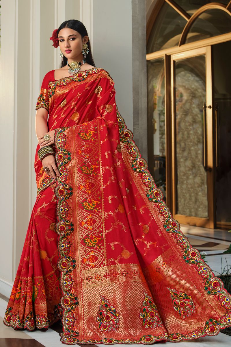 Red Color Pure Silk Embroidery Partywear Heavy Saree